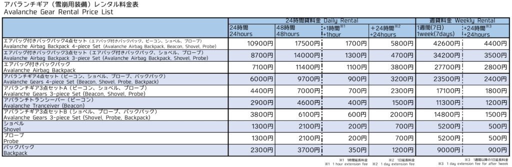アバランチギアレンタル価格表2025-2026