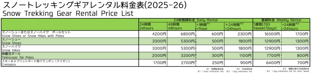 スノートレッキングギアレンタル価格表2025-2026